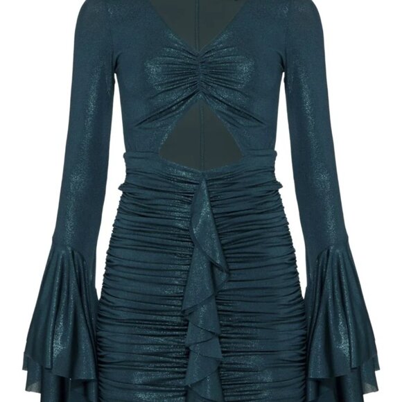 PatBO Metallic Jersey Bell Sleeve Cut Out Mini Dress Emerald Green 8 NWT $625 - Picture 4 of 5